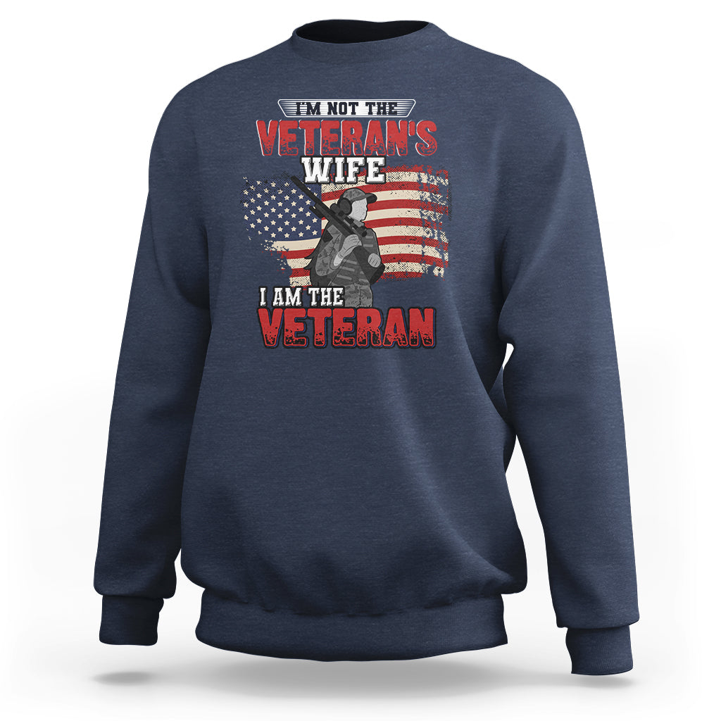 Navy women's sweatshirt with Veteran graphic and American flag, crewneck long sleeves