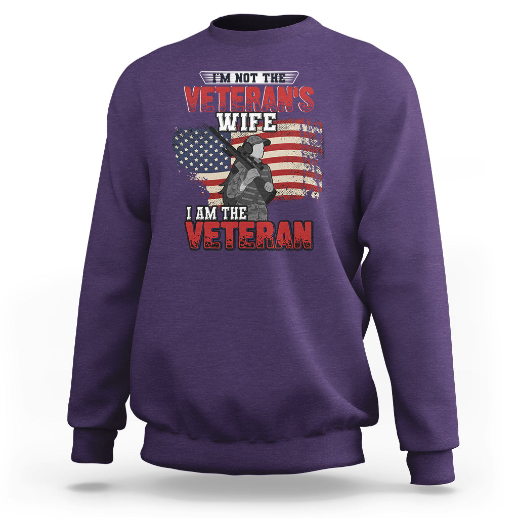 Purple women's sweatshirt with Veteran graphic and American flag, crewneck long sleeves