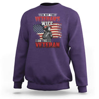 Purple women's sweatshirt with Veteran graphic and American flag, crewneck long sleeves