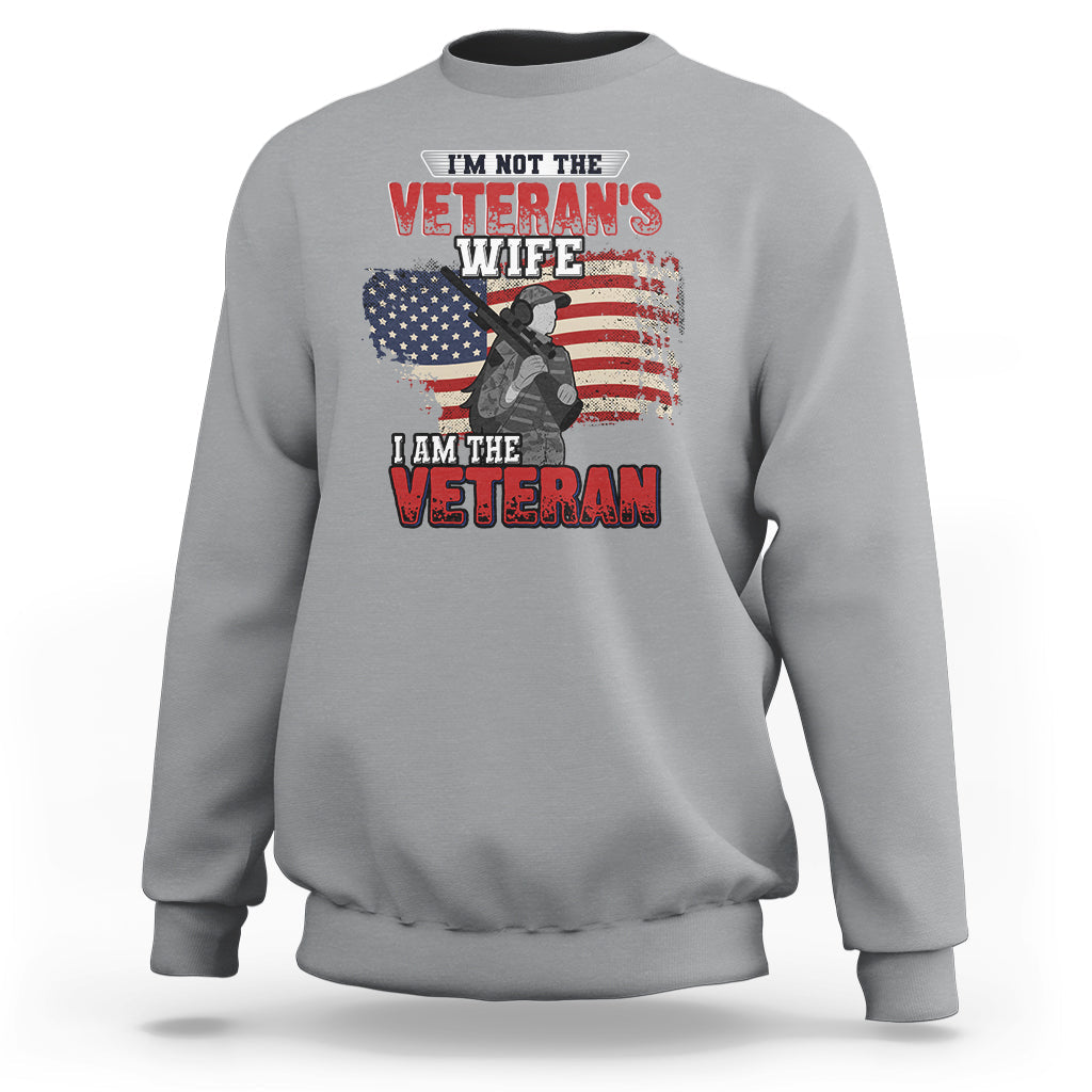 Sport gray women's sweatshirt with Veteran graphic and American flag, crewneck long sleeves