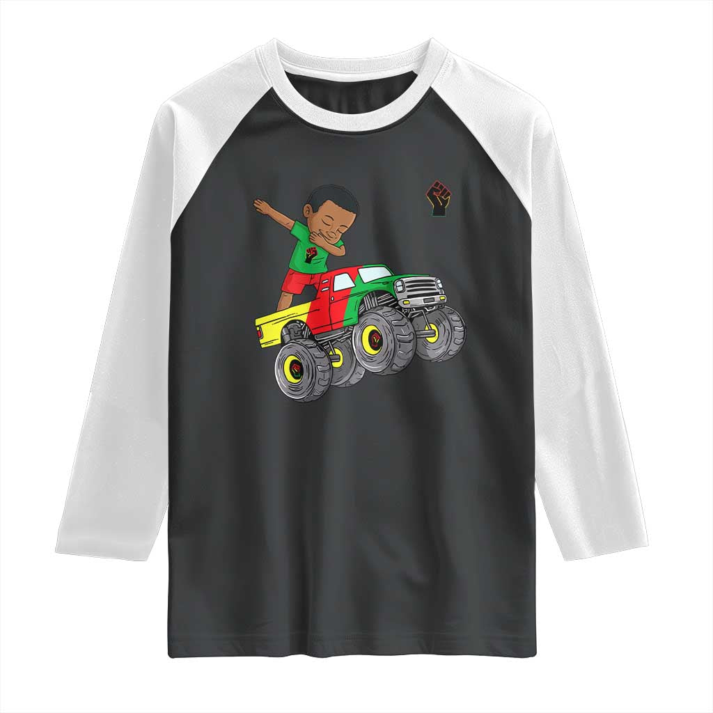 Funny Black History Raglan Shirt African Kids Dabbing Black King In Monster Truck