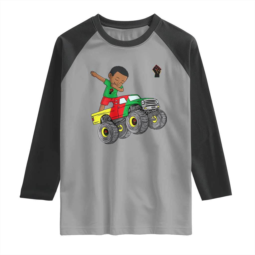 Funny Black History Raglan Shirt African Kids Dabbing Black King In Monster Truck