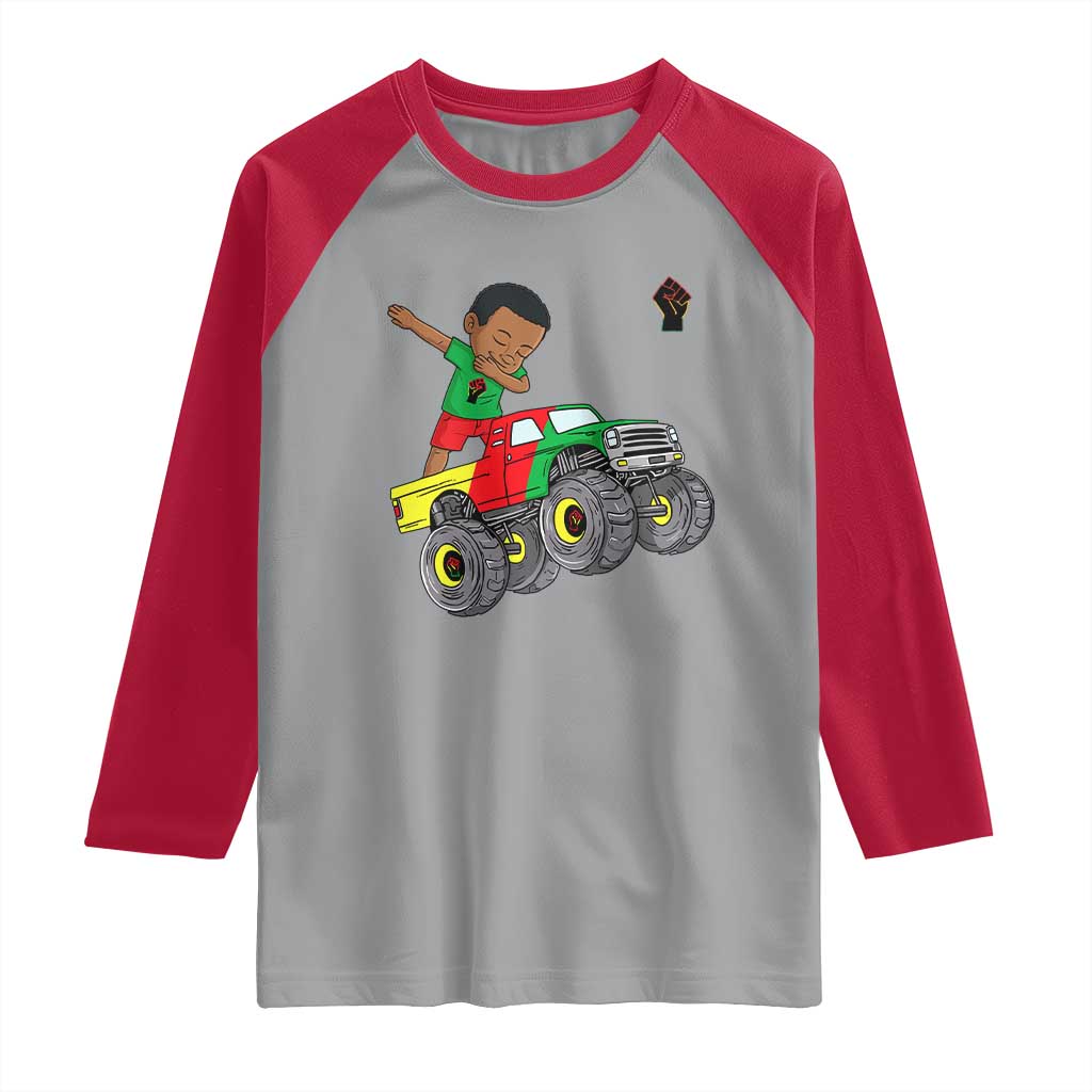 Funny Black History Raglan Shirt African Kids Dabbing Black King In Monster Truck