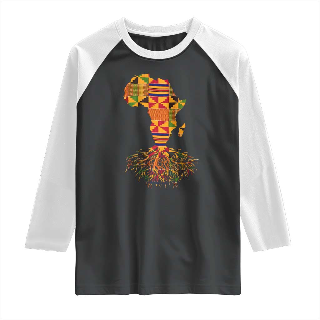 My Roots Black History Raglan Shirt With Traditional Kente and Africa Map