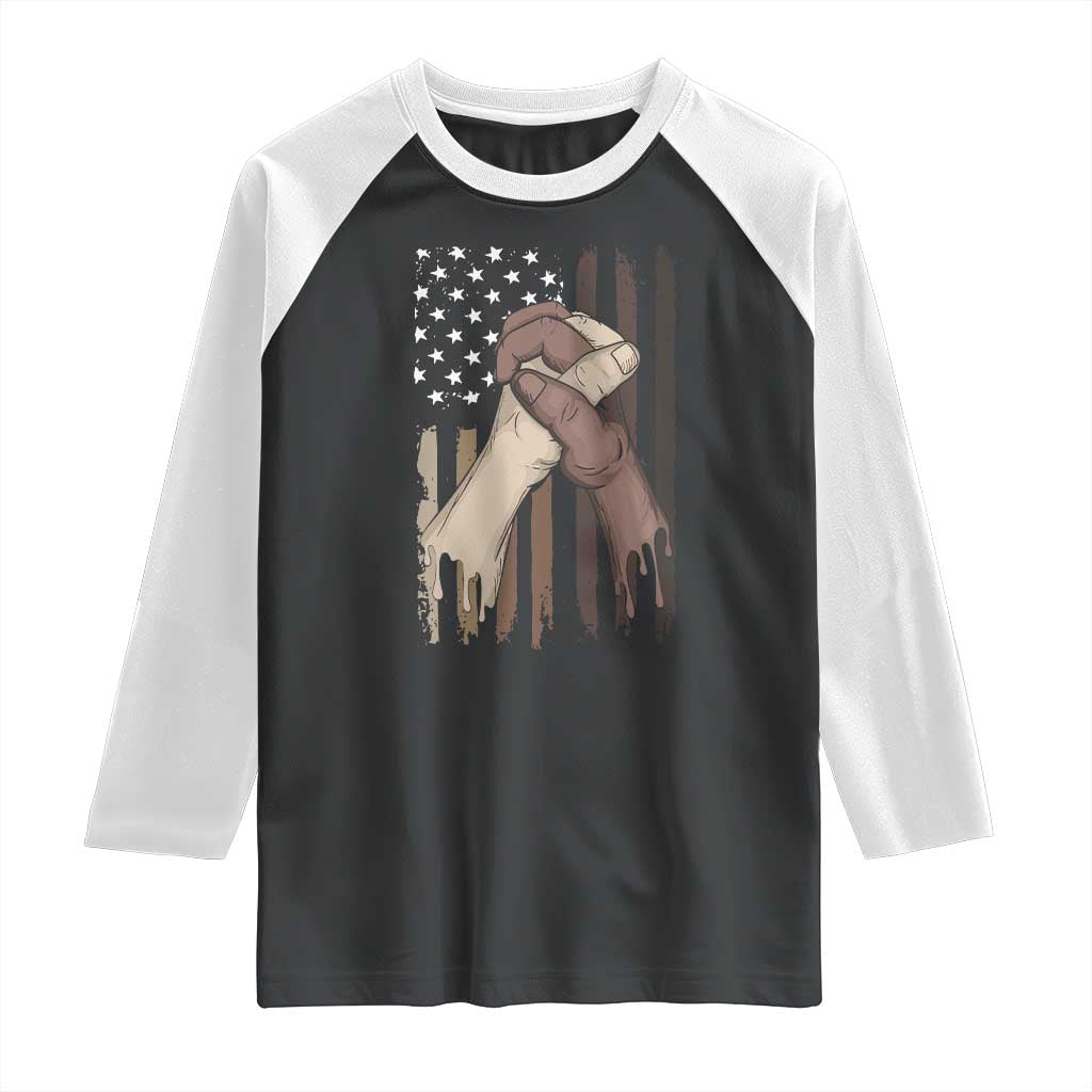 Black American Raglan Shirt US Flag Holding Hands