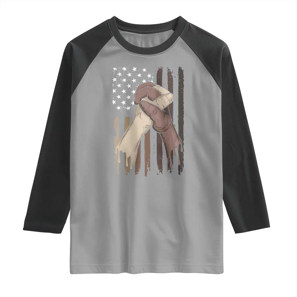 Black American Raglan Shirt US Flag Holding Hands