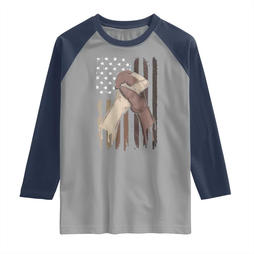 Black American Raglan Shirt US Flag Holding Hands