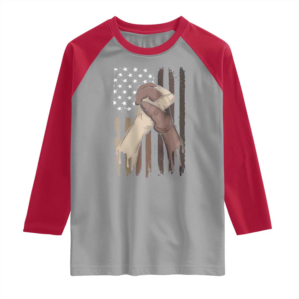 Black American Raglan Shirt US Flag Holding Hands