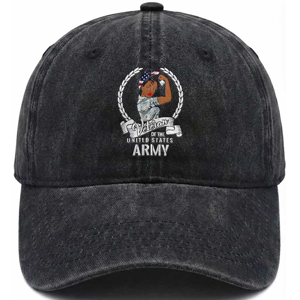 Black US Army Girl Veteran Washed Cotton Baseball Cap - Proud Female Military Veteran