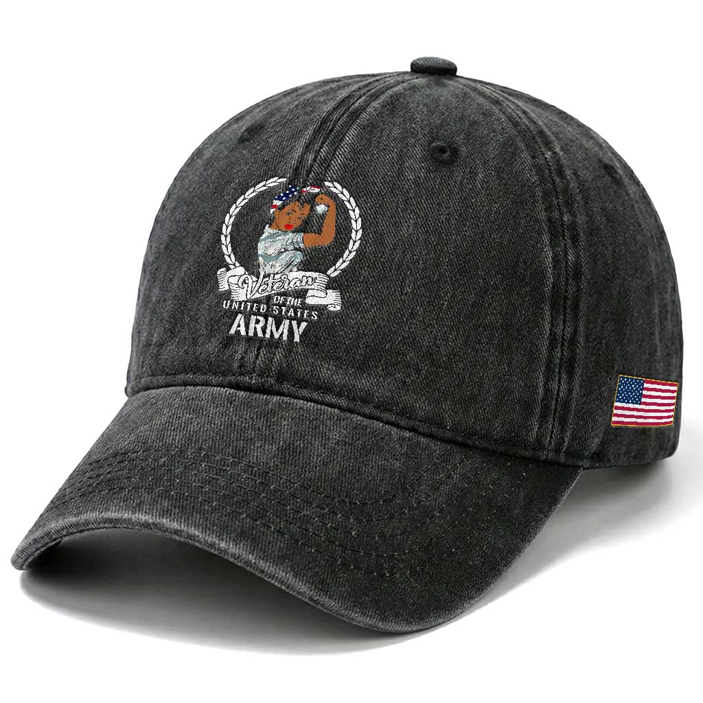 Black US Army Girl Veteran Washed Cotton Baseball Cap - Proud Female Military Veteran