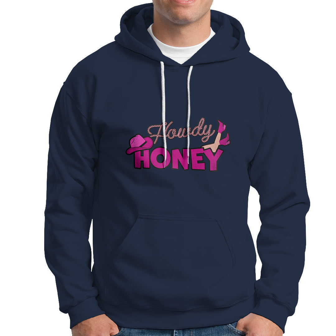 Navy hoodie with 'Howdy Honey' graphic, pullover hood with drawstrings and front pouch pocket.