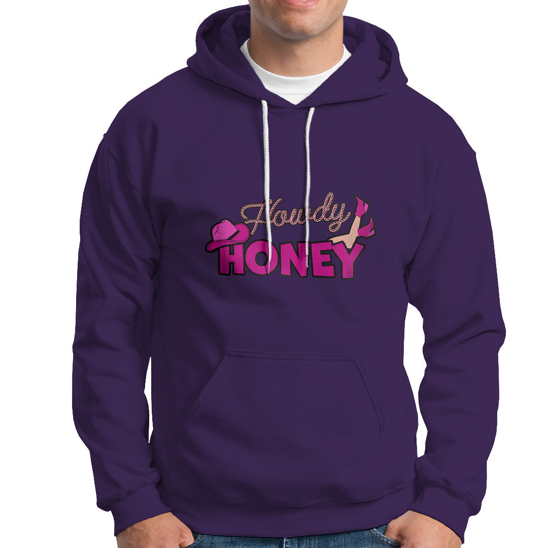 Purple hoodie with 'Howdy Honey' graphic, pullover hood with drawstrings and front pouch pocket.