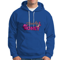 Royal blue hoodie with 'Howdy Honey' graphic, pullover hood with drawstrings and front pouch pocket.