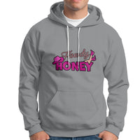Sport gray hoodie with 'Howdy Honey' graphic, pullover hood and front pouch pocket.