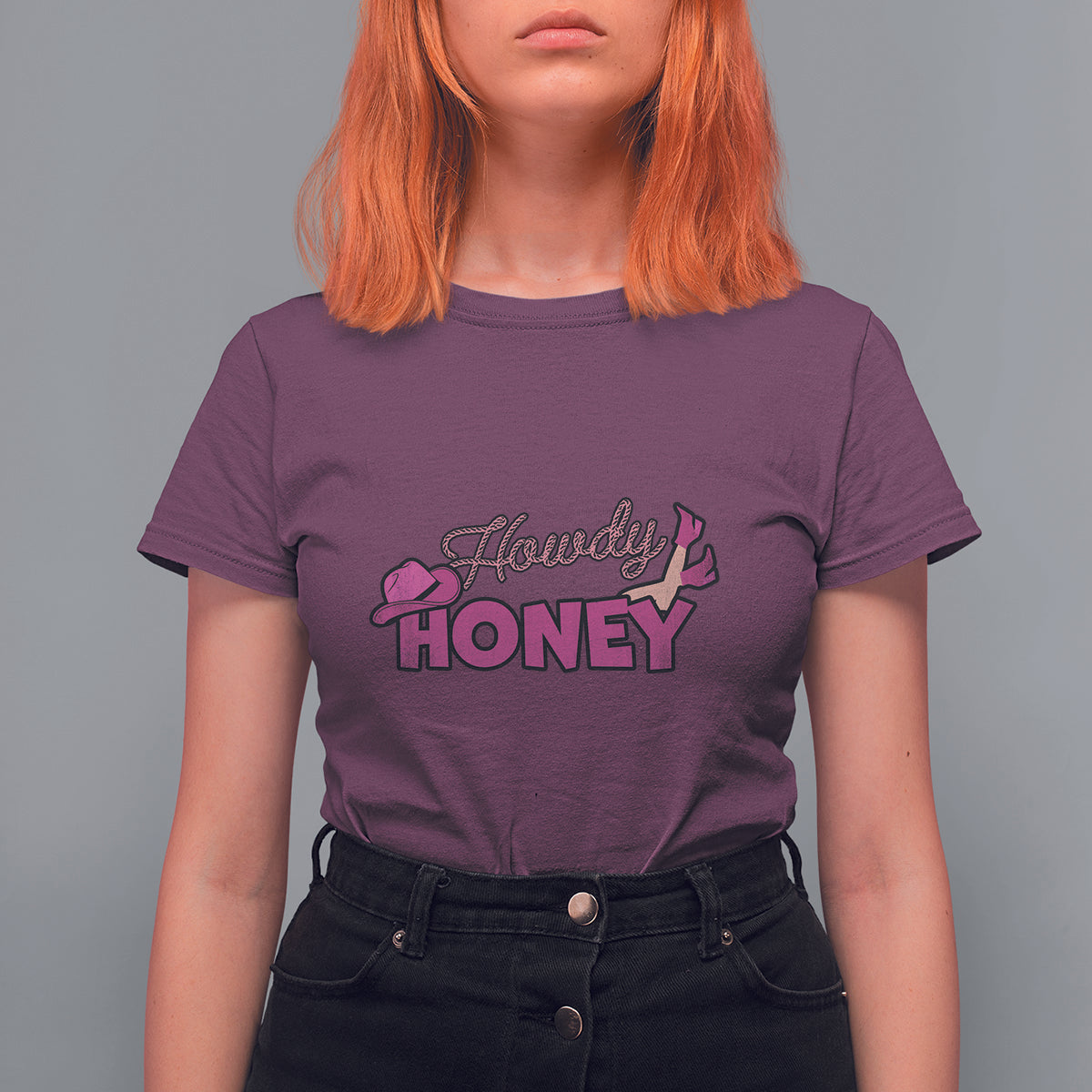 Women’s maroon T-shirt with “Howdy Honey” graphic on the chest