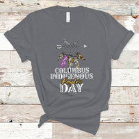Charcoal gray T-shirt with colorful feather arrow graphic and “Columbus Indigenous People’s Day” text