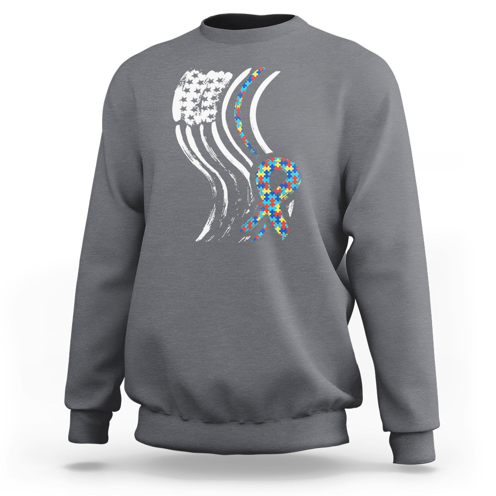 Autism Awareness Sweatshirt Spectrum Ribbon American Flag - Wonder Print Shop