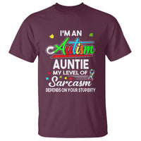 Autism Aunt T Shirt I'm An Autism Auntie My Level Of Sarcams Depends On Your Stupidity Spectrum Ribbon - Wonder Print Shop