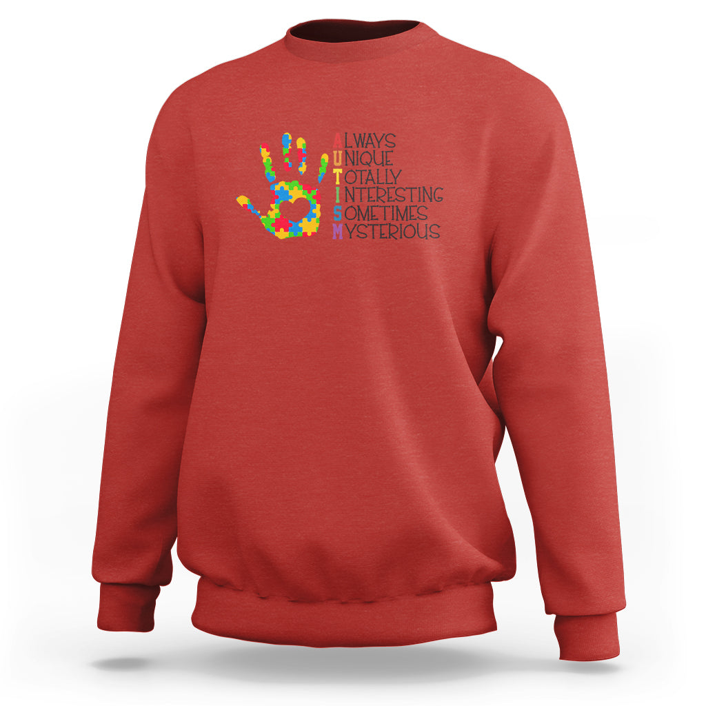 Autism Definition Sweatshirt Always Unique Totally Interesting Sometimes Mysterious Puzzle Hand - Wonder Print Shop