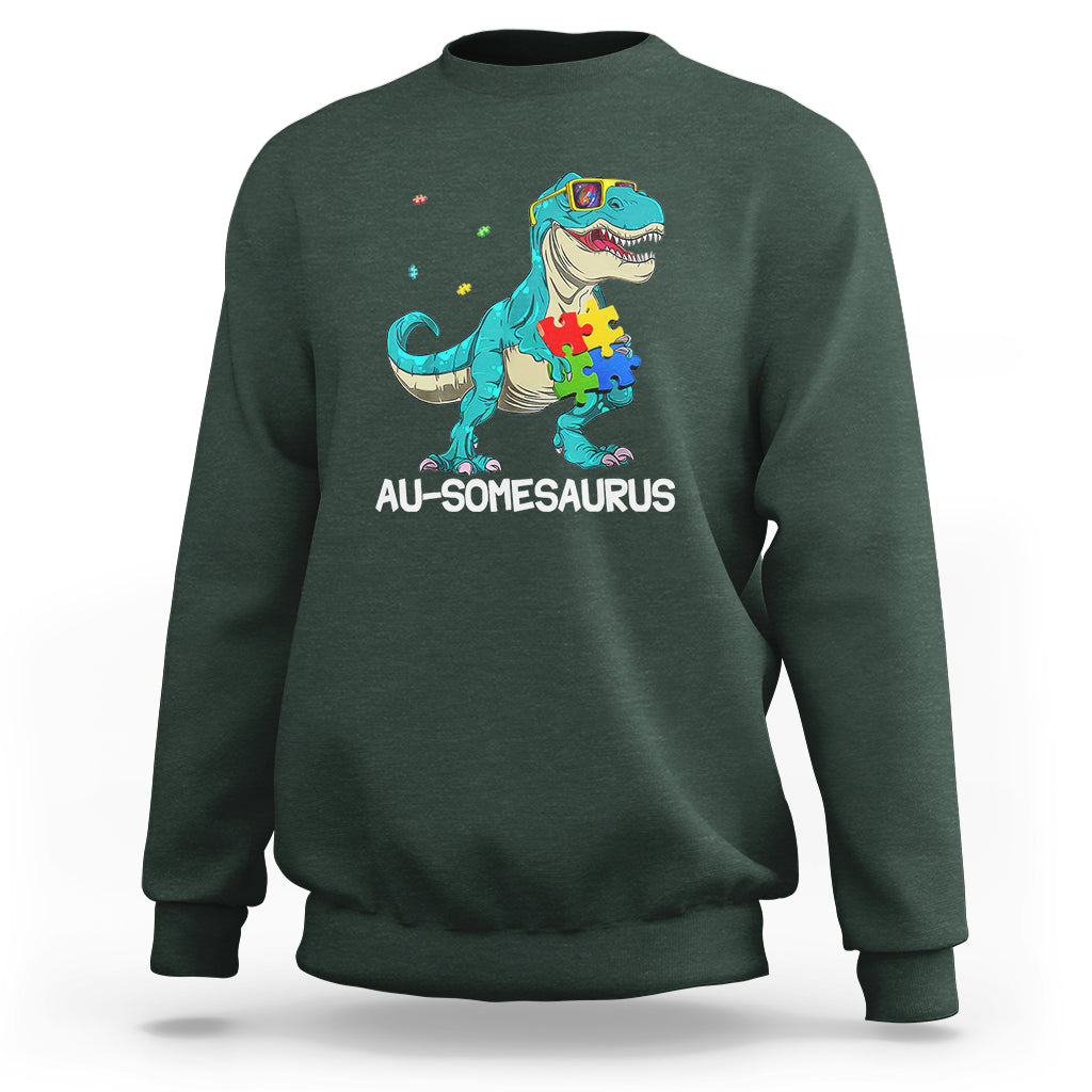Dinosaur Autism Sweatshirt Au-somesaurus Word Pun Puzzle Piece - Wonder Print Shop