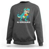 Dinosaur Autism Sweatshirt Au-somesaurus Word Pun Puzzle Piece - Wonder Print Shop