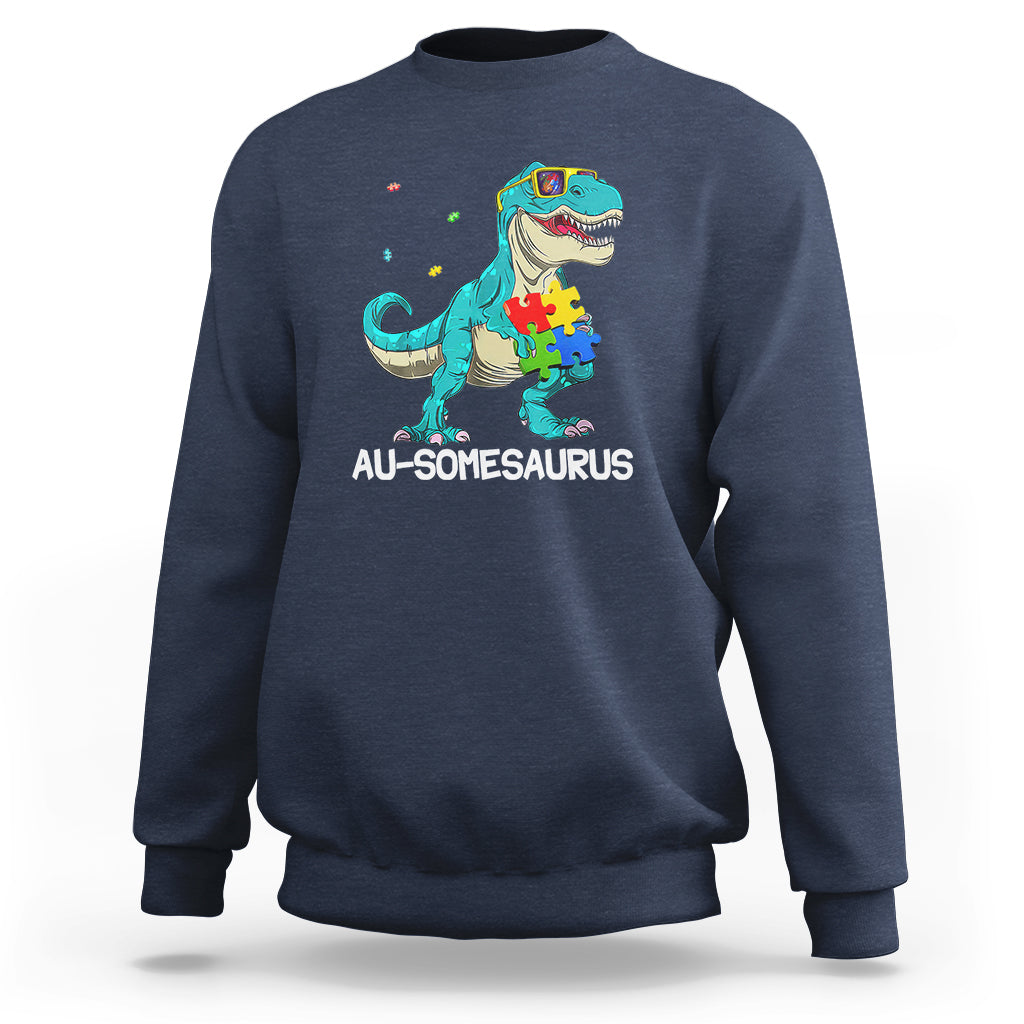 Dinosaur Autism Sweatshirt Au-somesaurus Word Pun Puzzle Piece - Wonder Print Shop