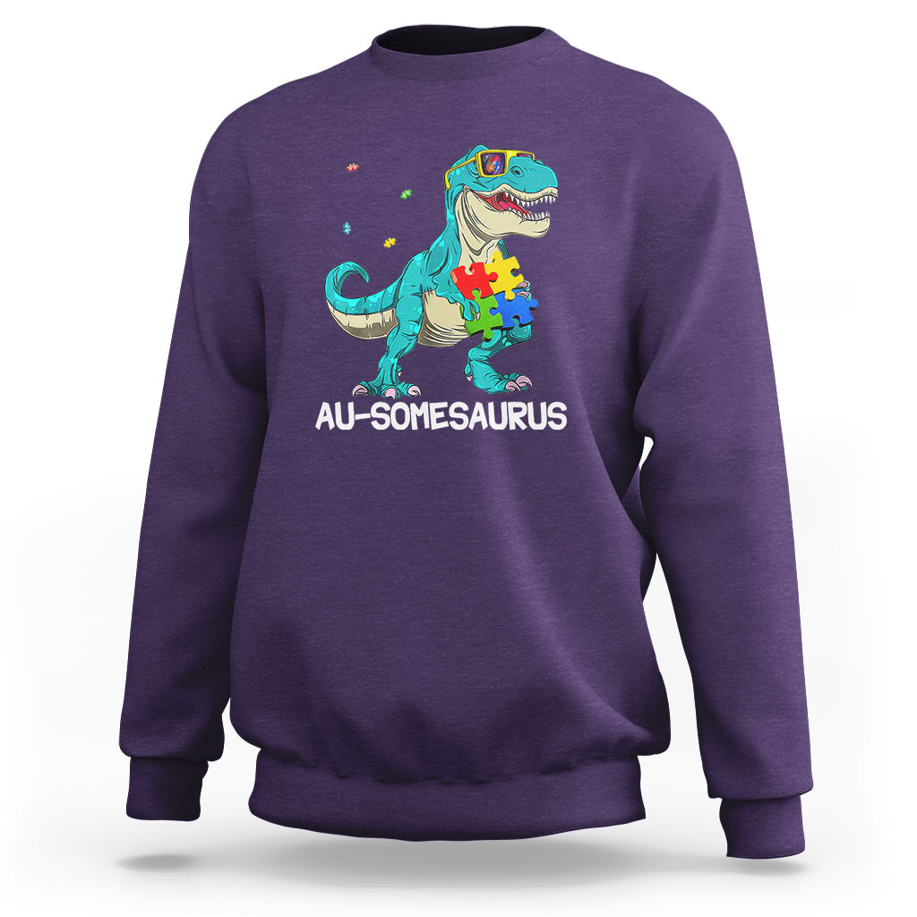 Dinosaur Autism Sweatshirt Au-somesaurus Word Pun Puzzle Piece - Wonder Print Shop