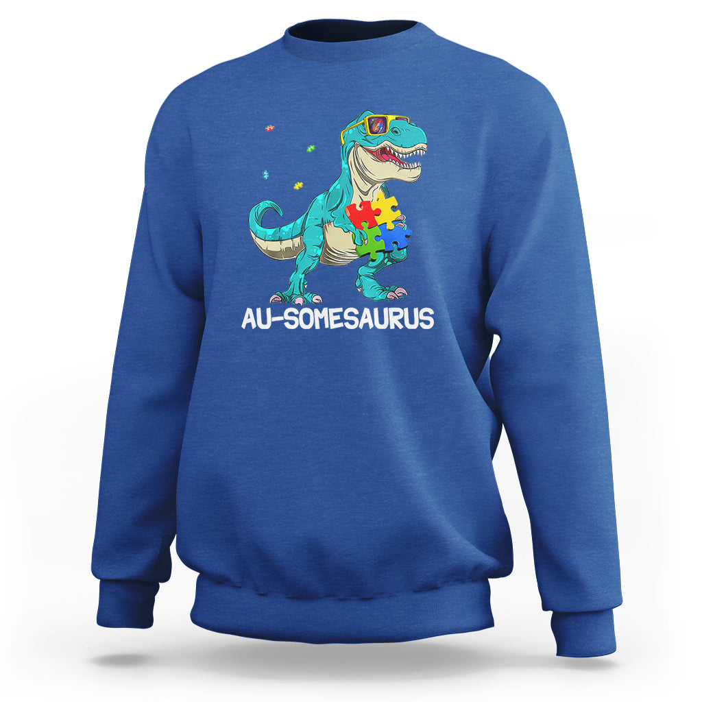 Dinosaur Autism Sweatshirt Au-somesaurus Word Pun Puzzle Piece - Wonder Print Shop