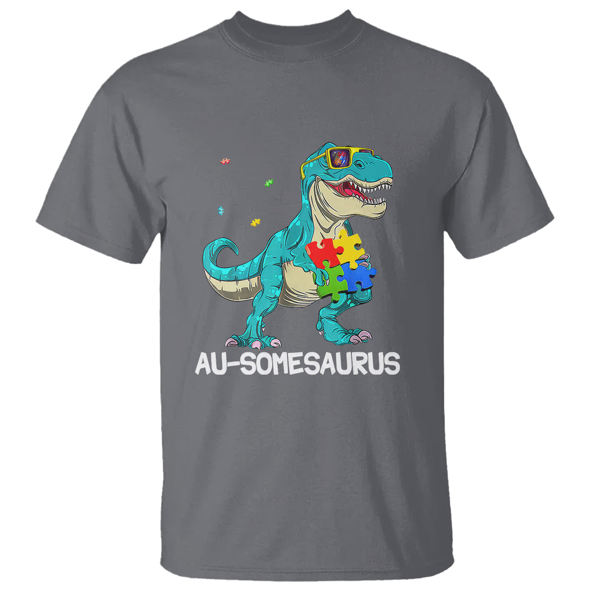 Dinosaur Autism T Shirt Au-somesaurus Word Pun Puzzle Piece - Wonder Print Shop