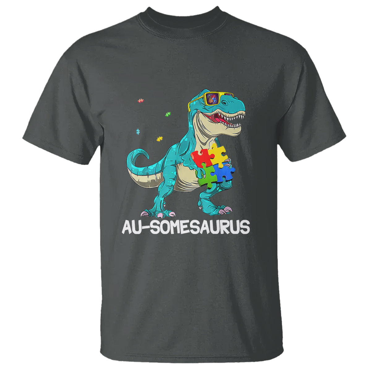 Dinosaur Autism T Shirt Au-somesaurus Word Pun Puzzle Piece - Wonder Print Shop