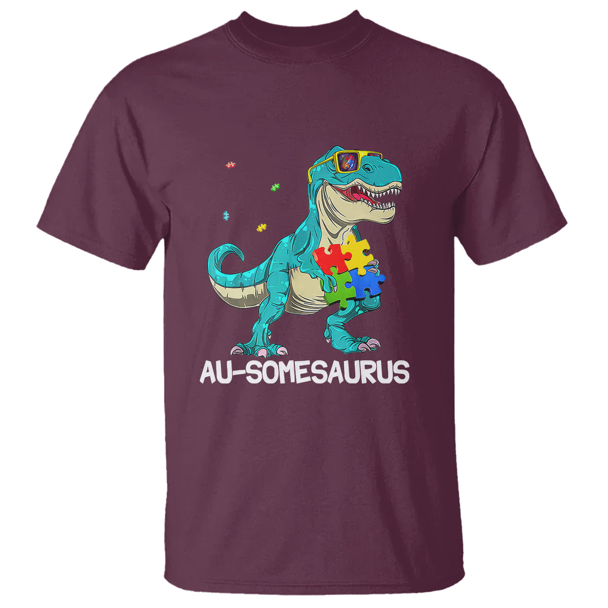 Dinosaur Autism T Shirt Au-somesaurus Word Pun Puzzle Piece - Wonder Print Shop