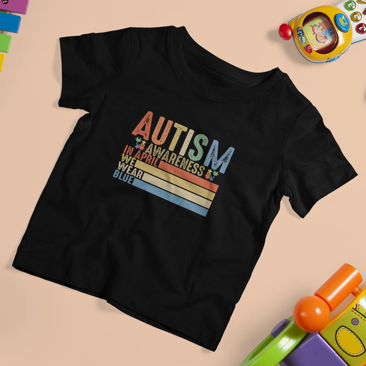 Autism Awareness Month T Shirt For Kid In April We Wear Blue Retro Vintage Puzzle Piece - Wonder Print Shop