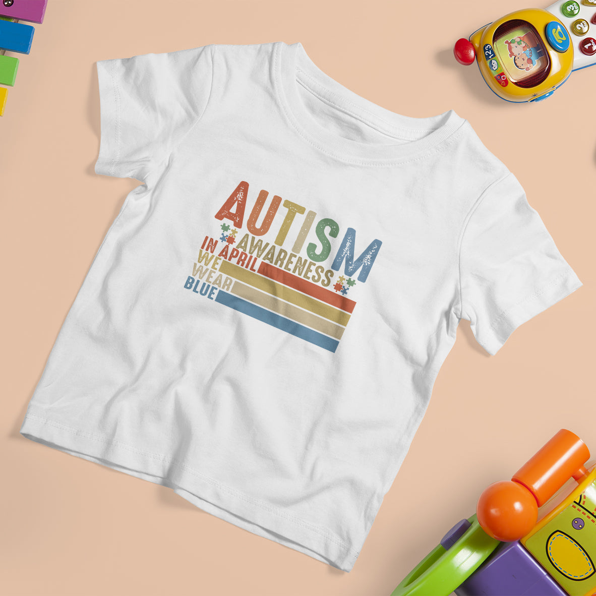 Autism Awareness Month T Shirt For Kid In April We Wear Blue Retro Vintage Puzzle Piece - Wonder Print Shop