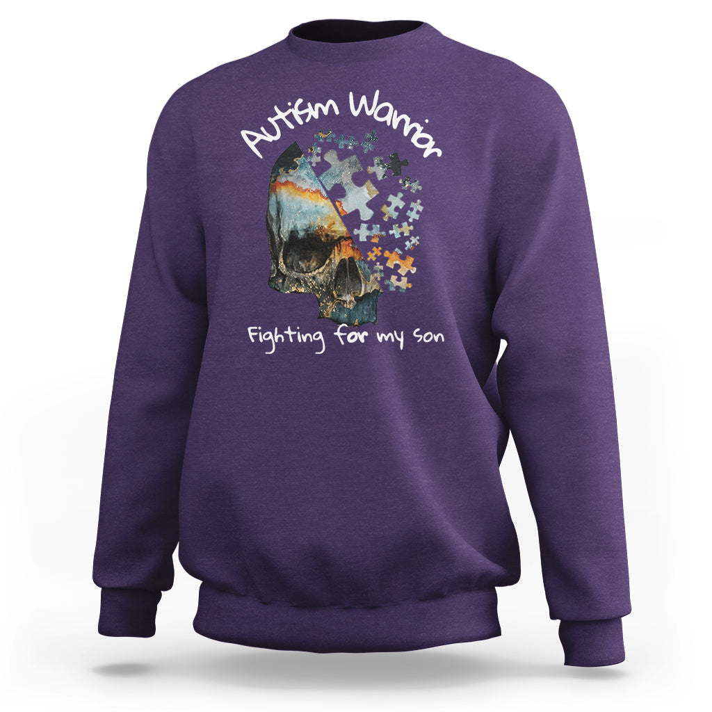 Skull Autism Warrior Sweatshirt Fighting For My Son Love Support - Wonder Print Shop