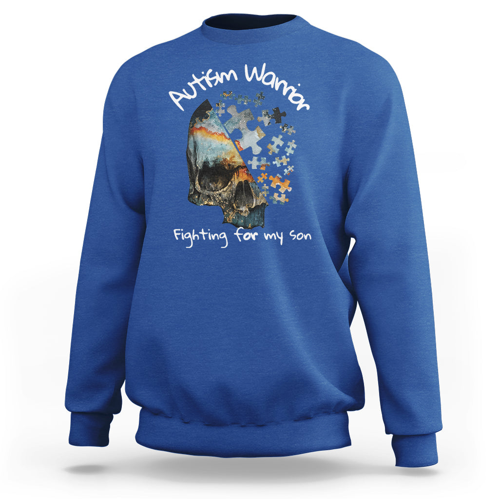 Skull Autism Warrior Sweatshirt Fighting For My Son Love Support - Wonder Print Shop