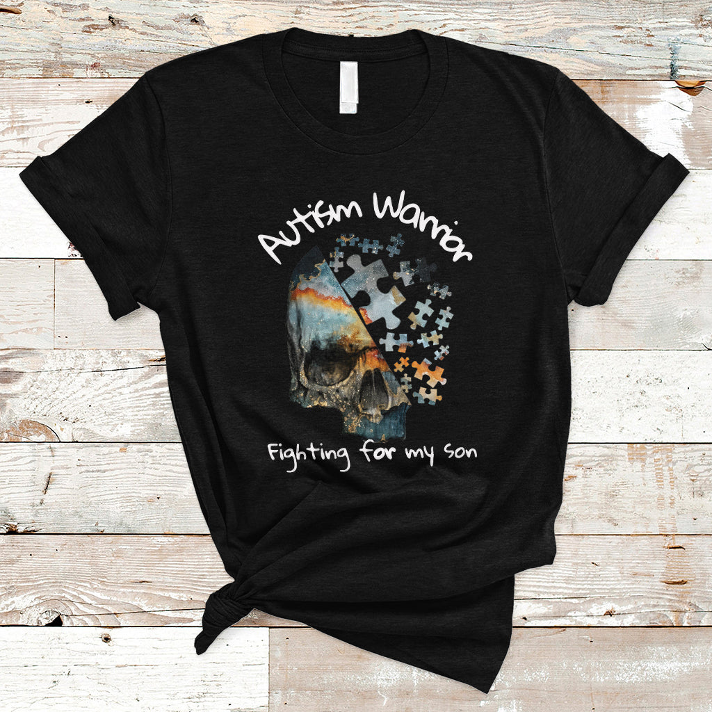 Skull Autism Warrior T Shirt Fighting For My Son Love Support - Wonder Print Shop