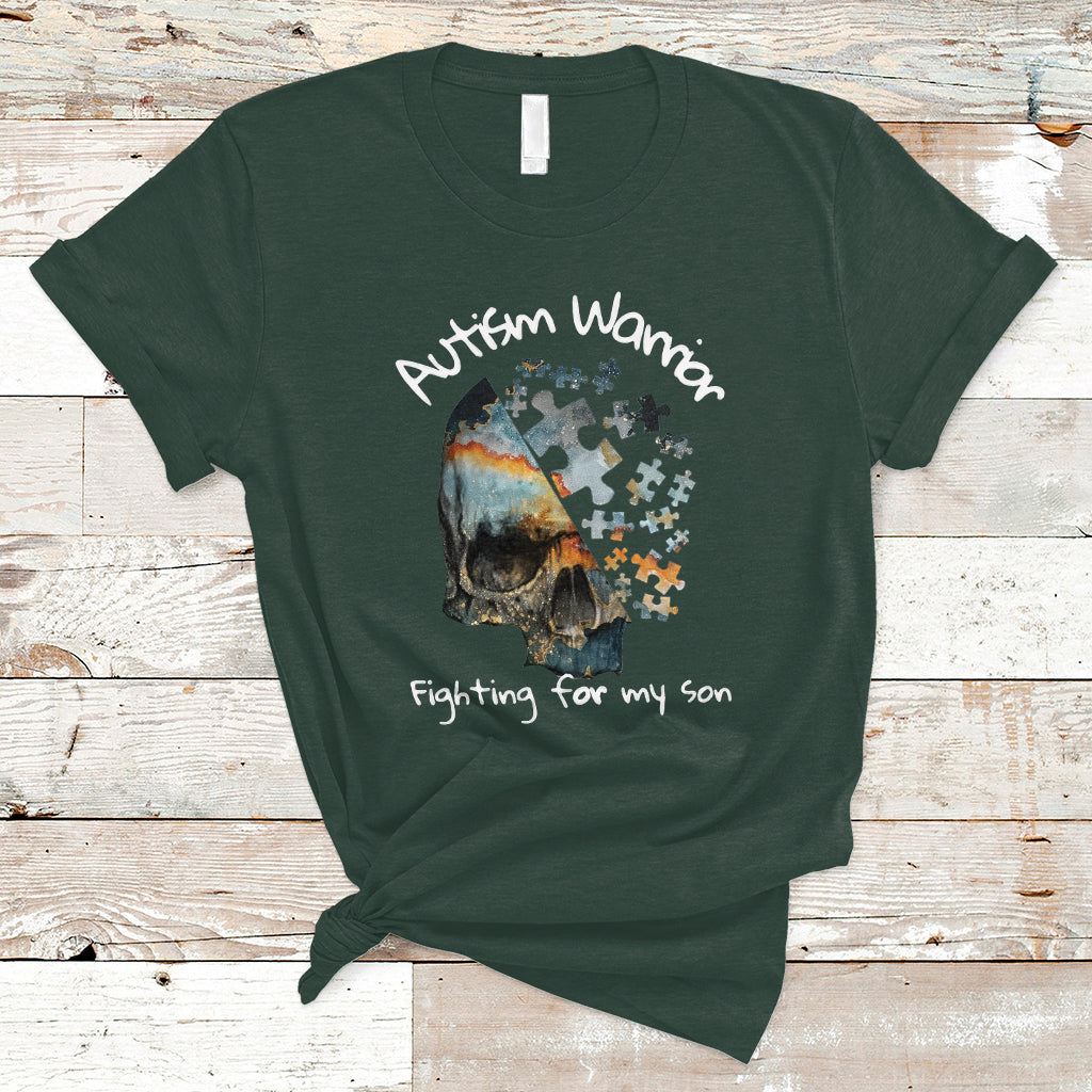 Skull Autism Warrior T Shirt Fighting For My Son Love Support - Wonder Print Shop
