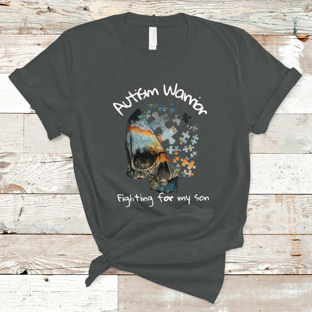 Skull Autism Warrior T Shirt Fighting For My Son Love Support - Wonder Print Shop