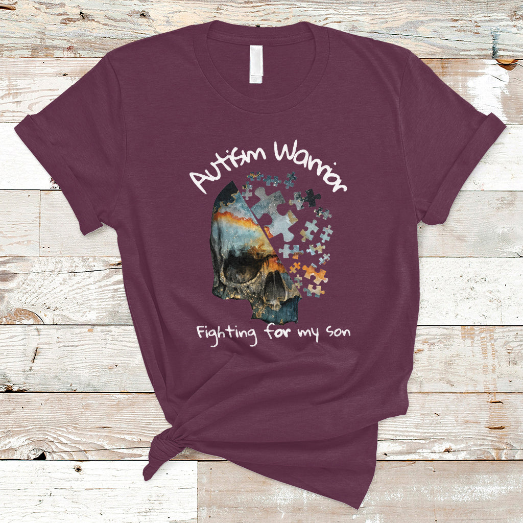 Skull Autism Warrior T Shirt Fighting For My Son Love Support - Wonder Print Shop