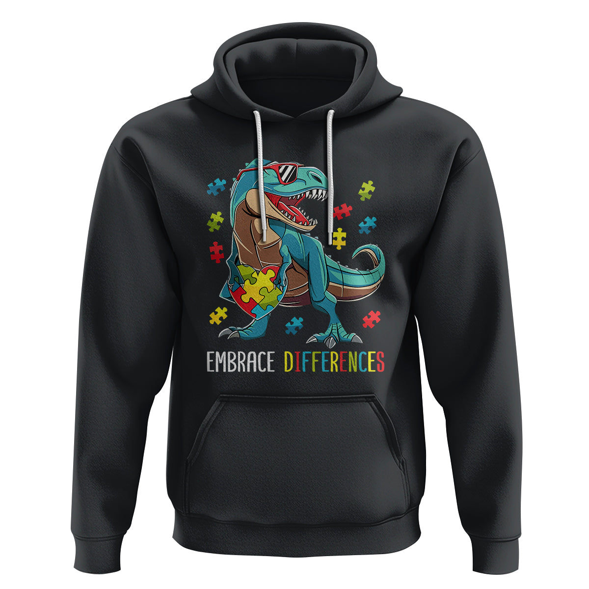 Dinosaur Autism Hoodie Embrace Differences Proud Autistic Puzzle Heart - Wonder Print Shop