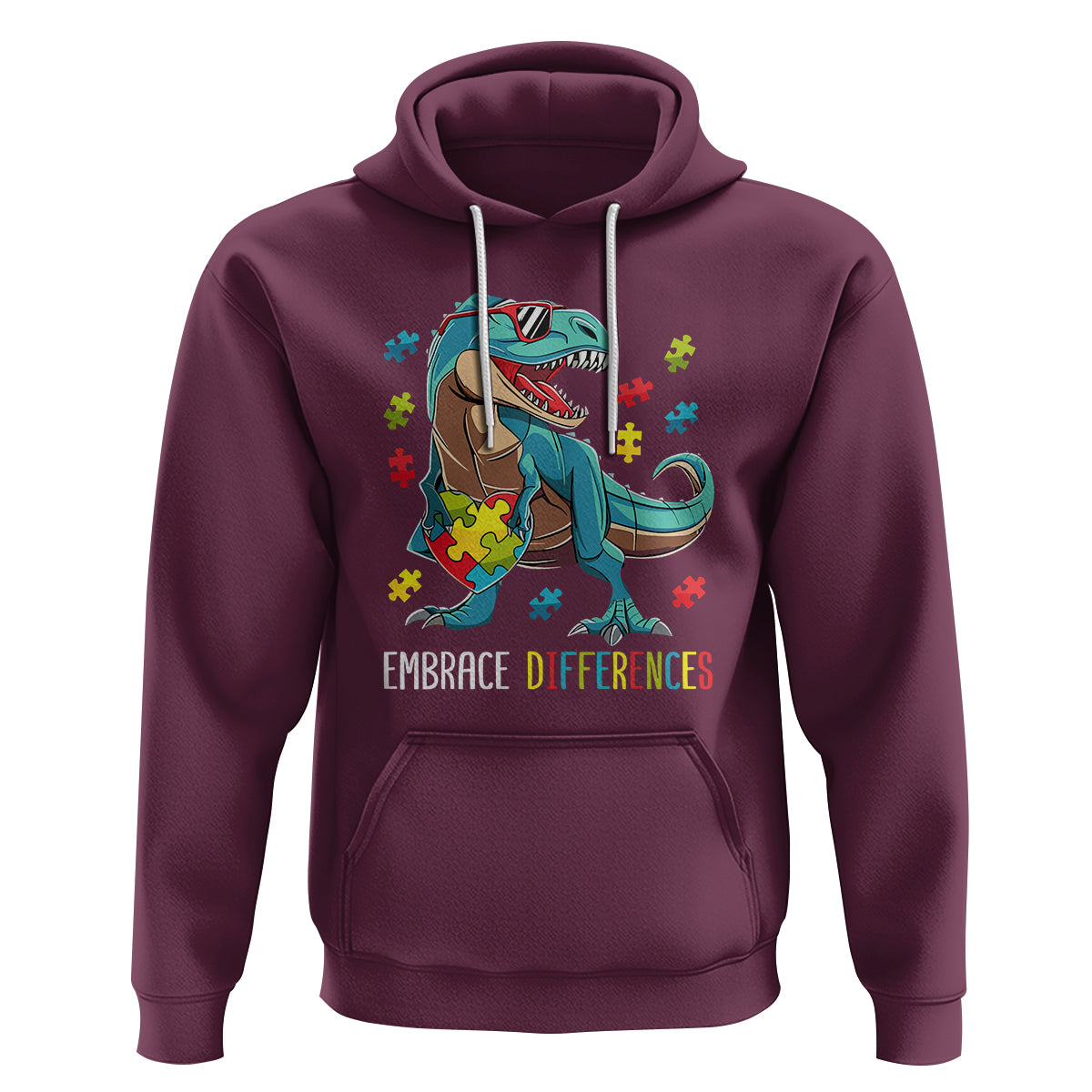 Dinosaur Autism Hoodie Embrace Differences Proud Autistic Puzzle Heart - Wonder Print Shop