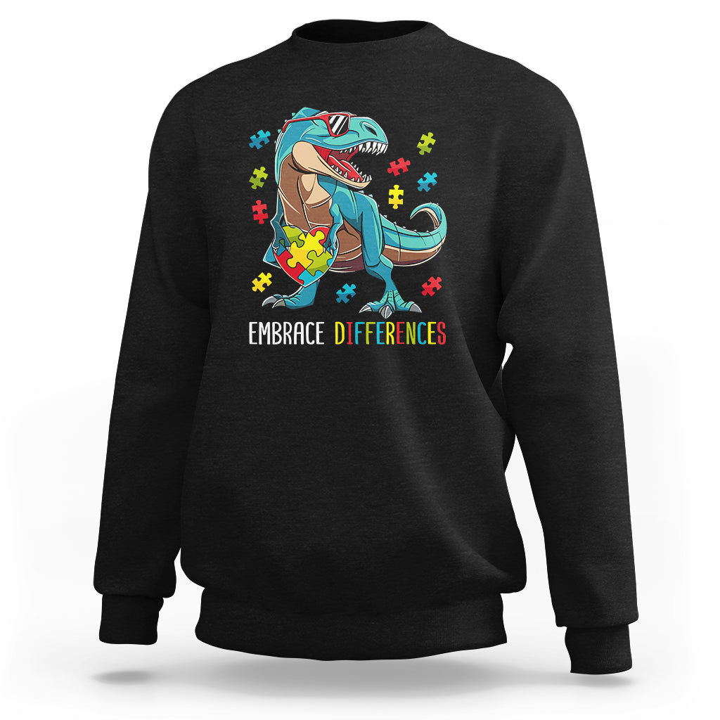 Dinosaur Autism Sweatshirt Embrace Differences Proud Autistic Puzzle Heart - Wonder Print Shop