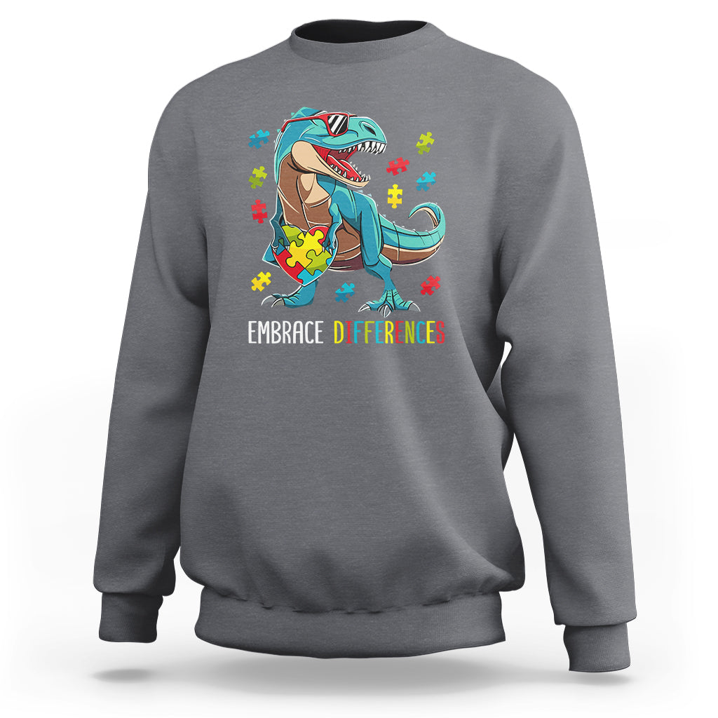 Dinosaur Autism Sweatshirt Embrace Differences Proud Autistic Puzzle Heart - Wonder Print Shop