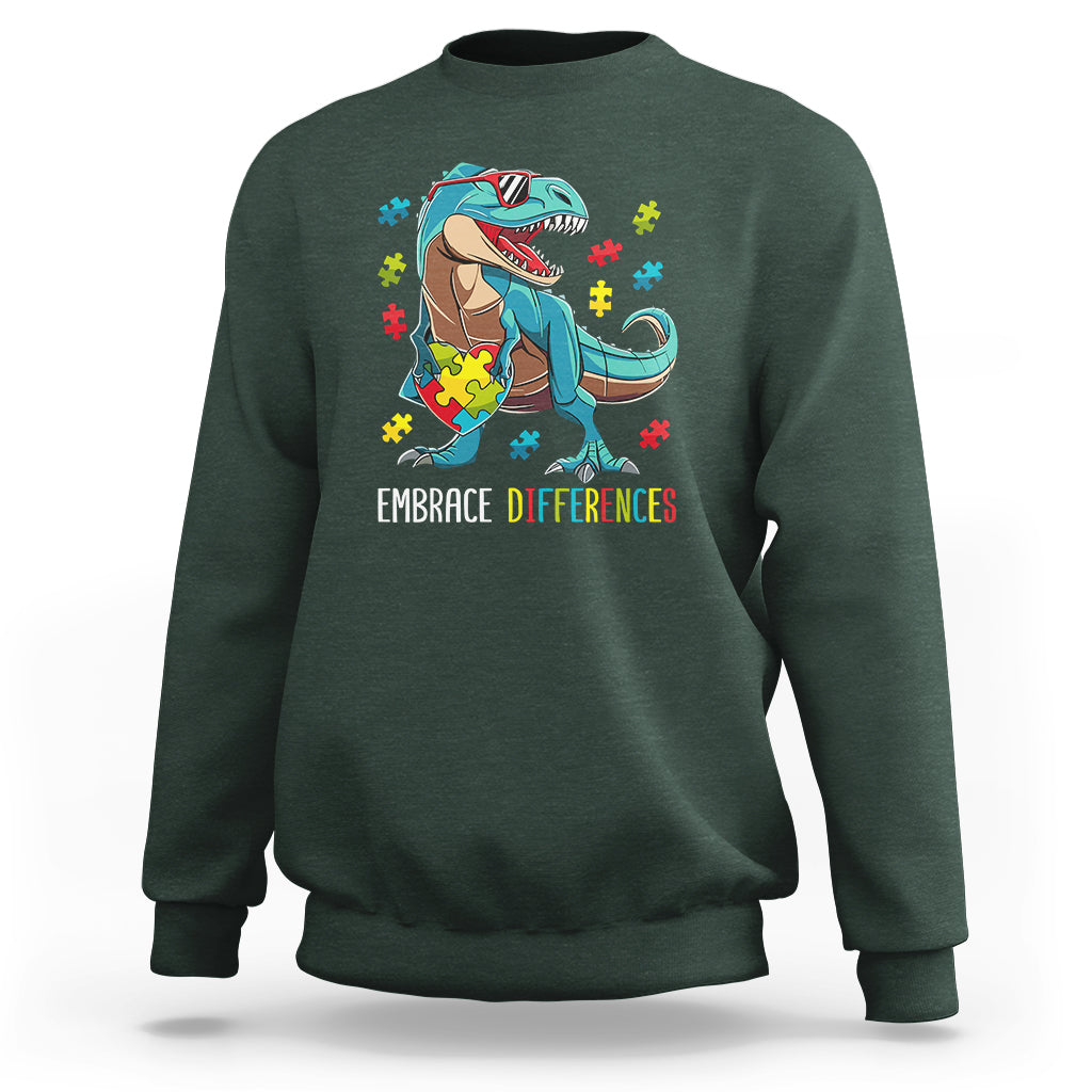 Dinosaur Autism Sweatshirt Embrace Differences Proud Autistic Puzzle Heart - Wonder Print Shop
