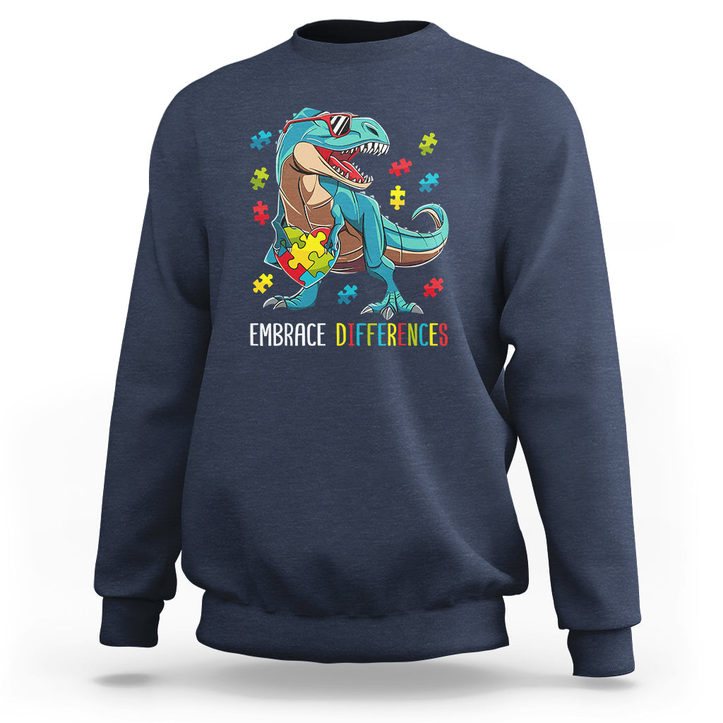 Dinosaur Autism Sweatshirt Embrace Differences Proud Autistic Puzzle Heart - Wonder Print Shop