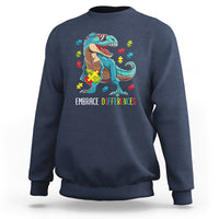 Dinosaur Autism Sweatshirt Embrace Differences Proud Autistic Puzzle Heart - Wonder Print Shop