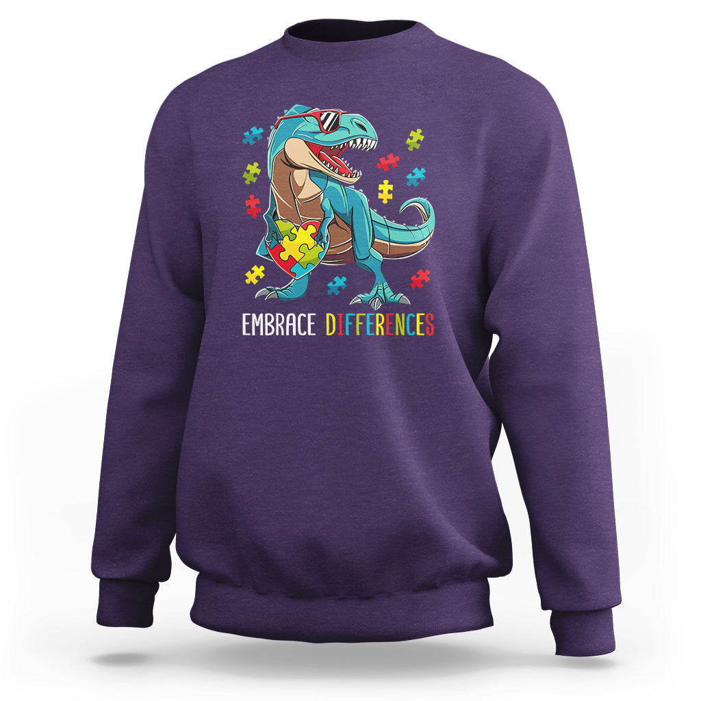 Dinosaur Autism Sweatshirt Embrace Differences Proud Autistic Puzzle Heart - Wonder Print Shop