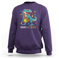 Dinosaur Autism Sweatshirt Embrace Differences Proud Autistic Puzzle Heart - Wonder Print Shop