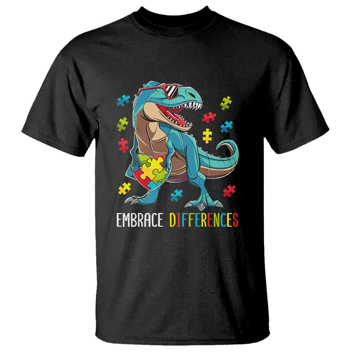 Dinosaur Autism T Shirt Embrace Differences Proud Autistic Puzzle Heart - Wonder Print Shop
