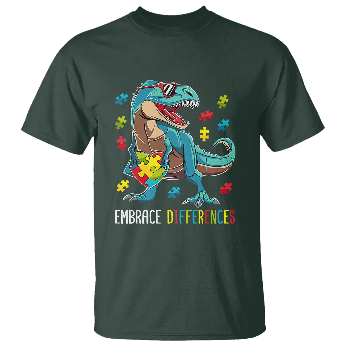 Dinosaur Autism T Shirt Embrace Differences Proud Autistic Puzzle Heart - Wonder Print Shop